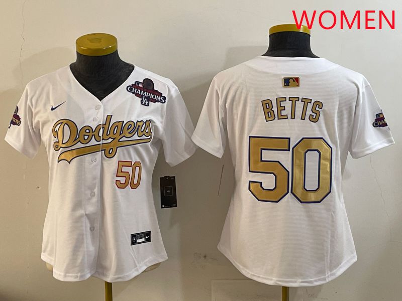 Women Los Angeles Dodgers #50 Betts White Champion gold character 2025 Nike MLB Jersey style 4091